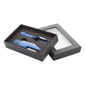 Sufli vreckový nôž s LED diódou a karabínou v krabičke, modrá