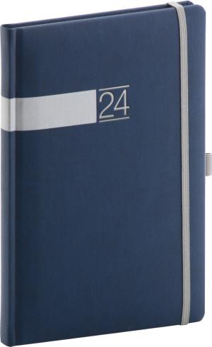 Týždenný diár Twill 2024, modro–strieborný, 15 × 21 cm, modrá
