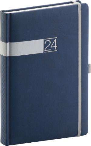 Denný diár Twill 2024, modro–strieborný, 15 × 21 cm, modrá