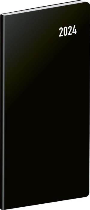 Vreckový diár Čierny 2024, plánovací mesačný, 8 × 18 cm, čierna